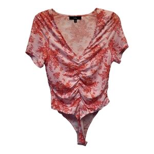 Lulus Pink Floral Ruched Fitted Short Sleeve Bodysuit - Size XL